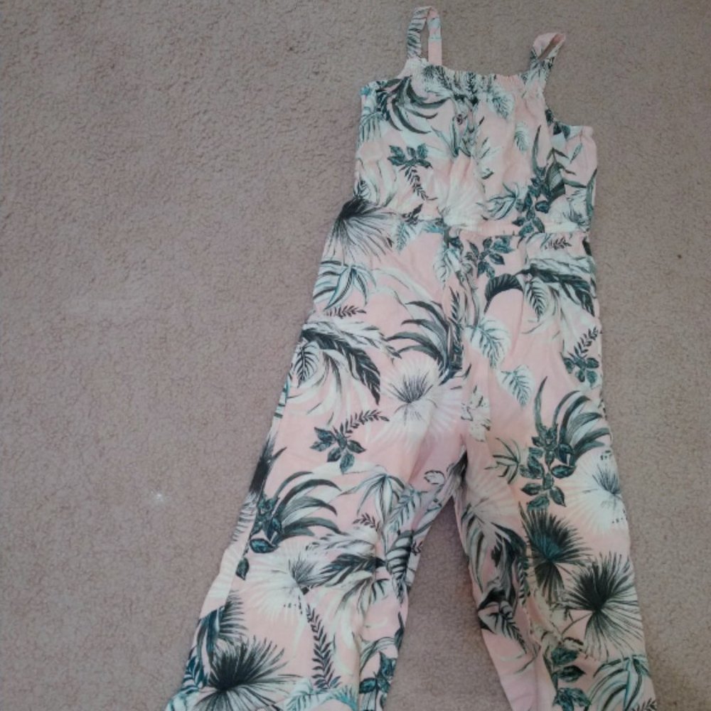 Pink and Green tropical leaves jumpsuit size 10-12 Old Navy